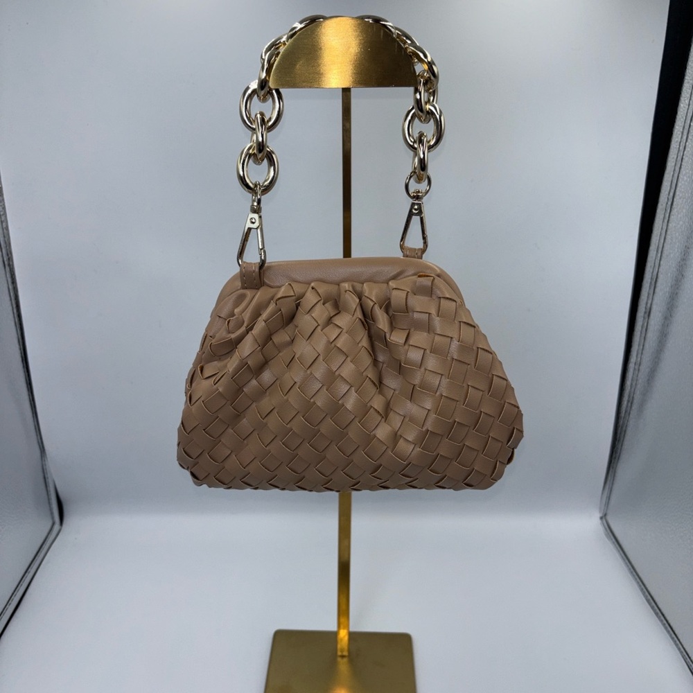 Chic Tan dumpling ruched Woven Clutch with Gold Chain - Picture 3 of 7